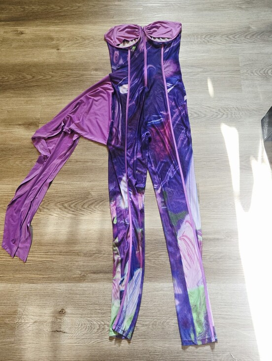 Fashion Nova Pants - Purple Floral Strapless Jumpsuit with Sash